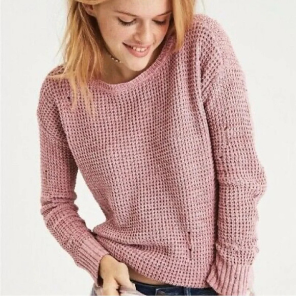 American Eagle Pink Chenille Knit Distressed Pullover Sweater Small Women’s - Picture 1 of 11